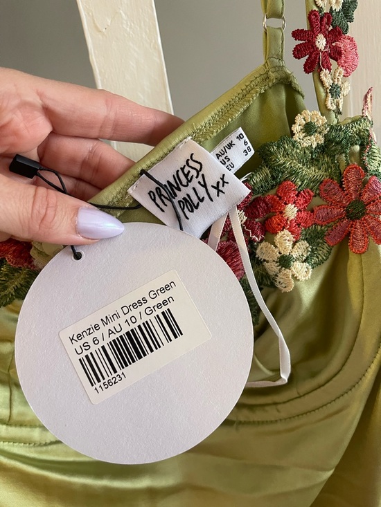 Princess Polly Dresses & Skirts - Princess Polly Olive Satin Mini Dress with Floral Embroidery